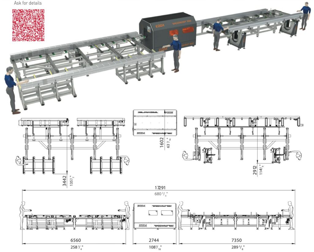 Industrial automated profile packaging line layout and technical dimensions.