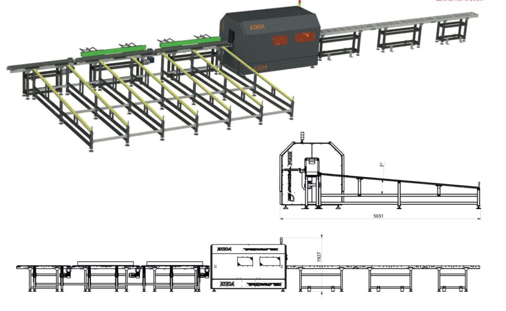 Speedwrap 550 automatic PVC and aluminum profile wrapping machine technical drawing.